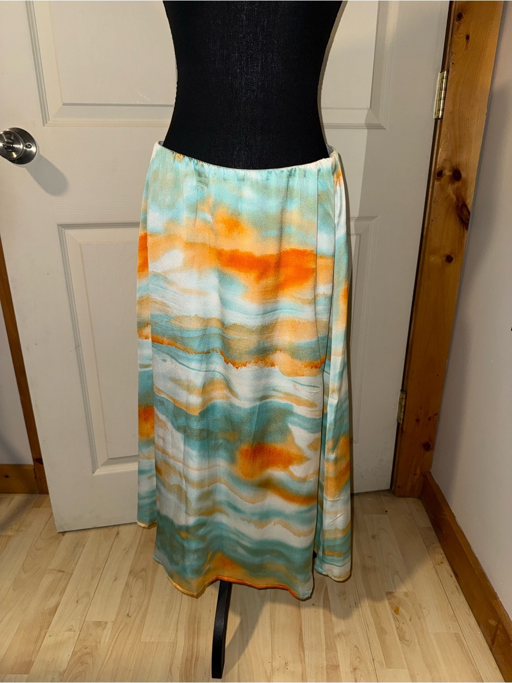 W-D.NY Watercolor Stripe Satin Midi Skirt, Size L